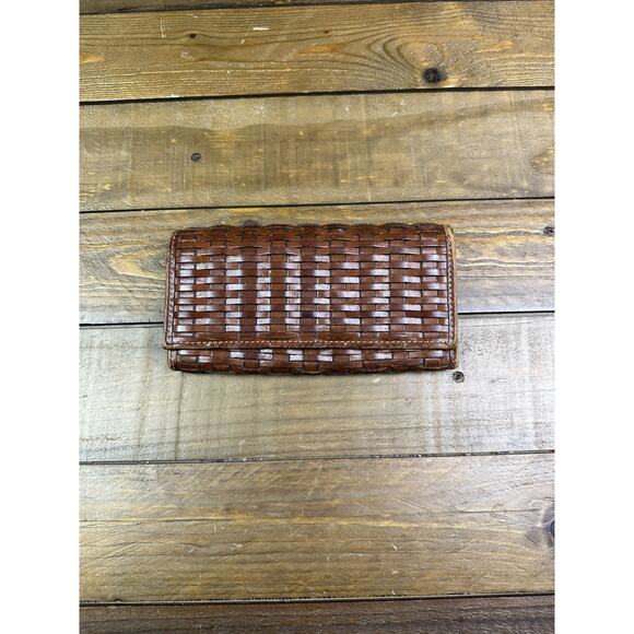 Fossil Woven Bifold Wallet Natural Brown Leather Snap Slim - Picture 1 of 6